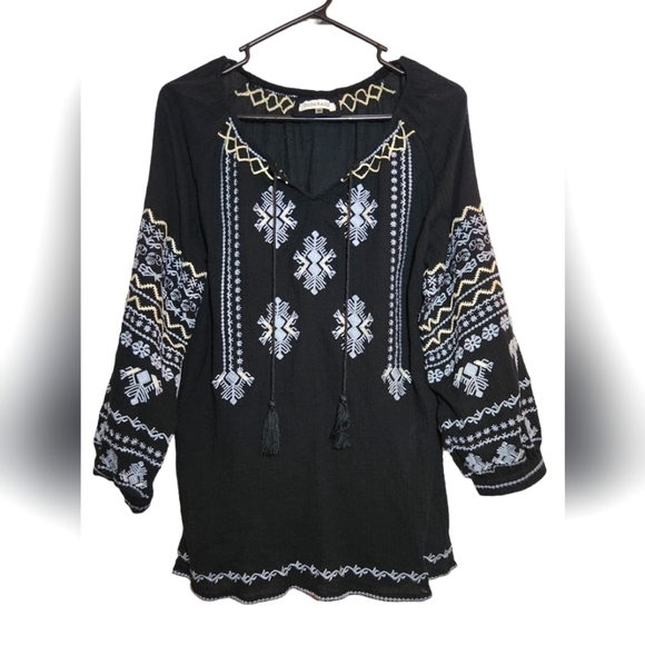 paparazzi Tops - Paparazzi Boho Embroidered Black Top Tunic 100% Cotton Size M Hippie Cottagecore